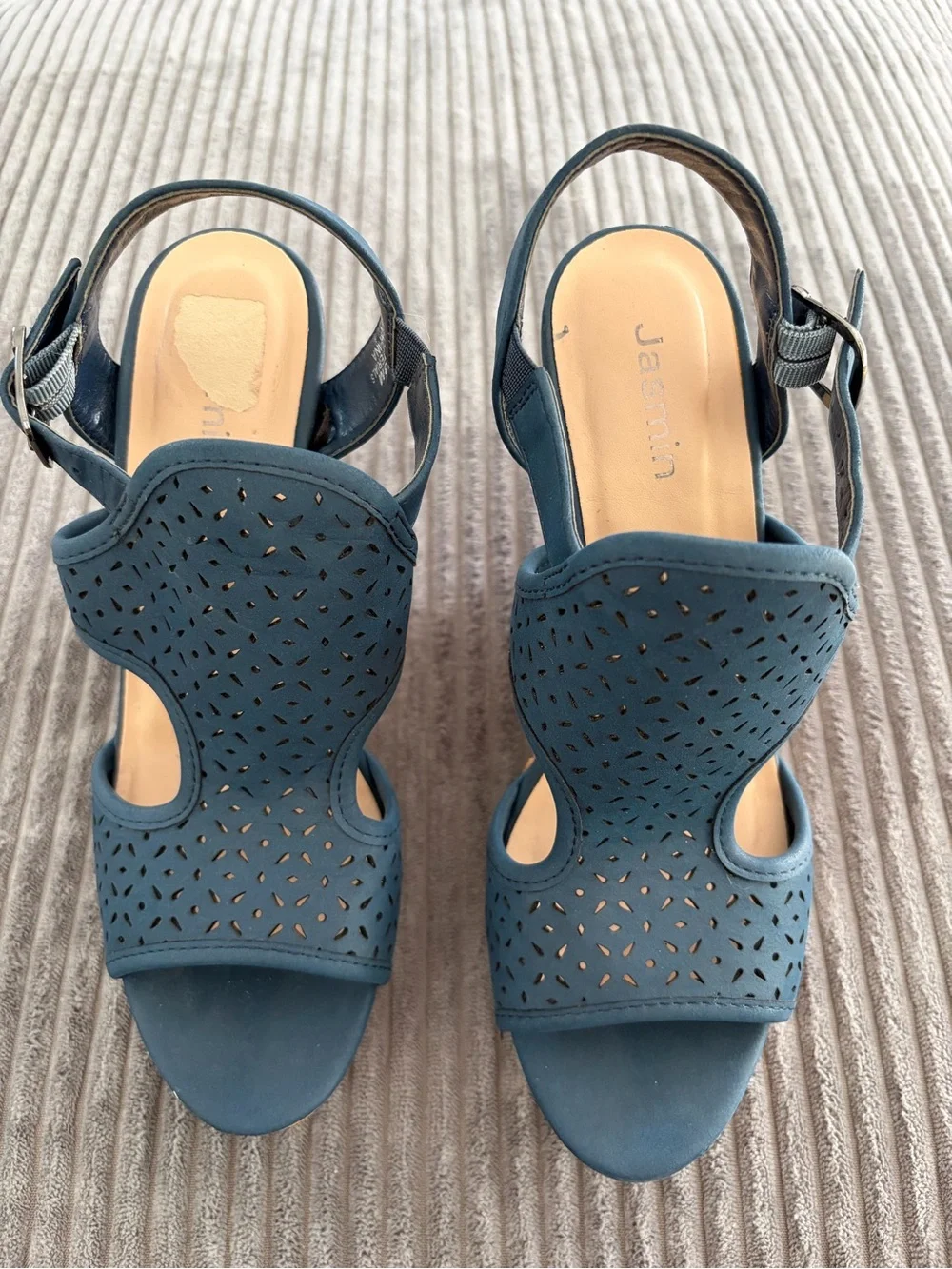 Jasmine Blue Laser-Cut Wedge Sandals with Buckle Ankle Strap